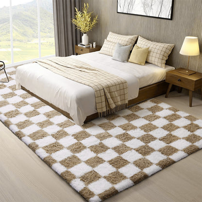 Checkered Plush Shaggy Rug Thickened Non Slip Carpet for Living Room Bedroom-Khaki