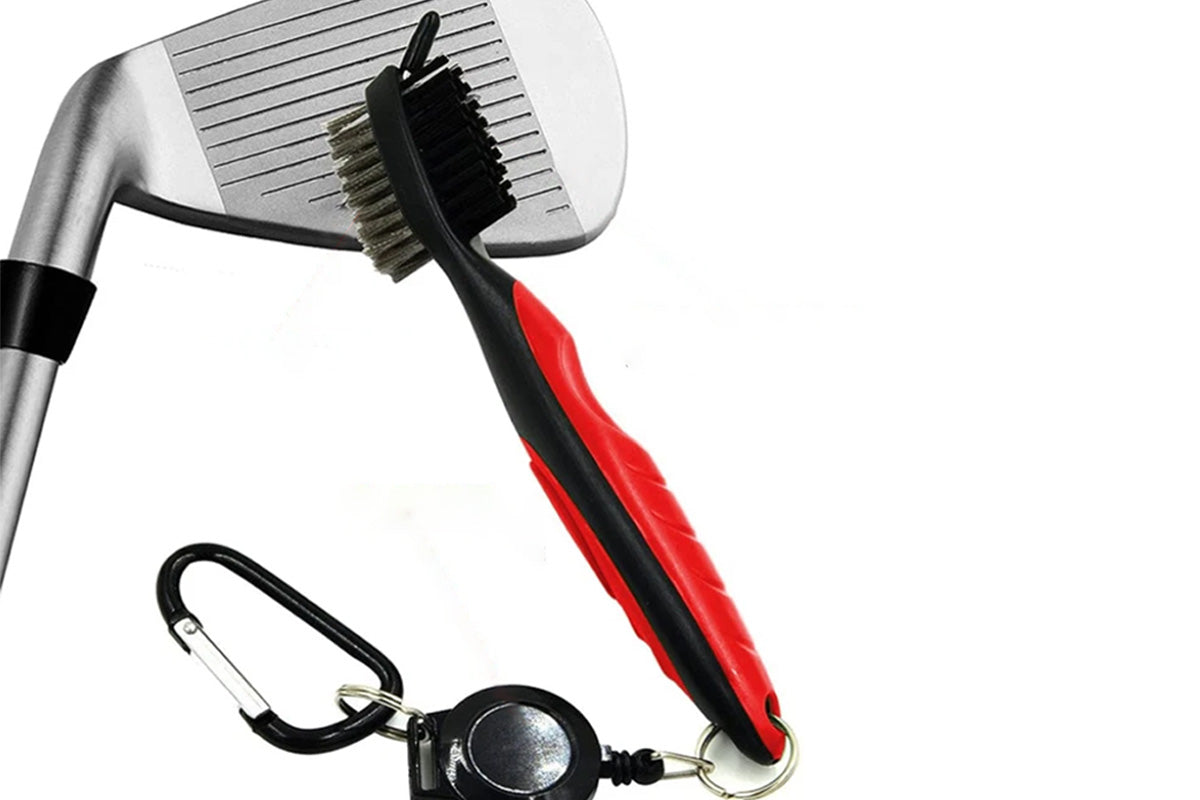 Dual Sided Golf Club Groove Cleaner Brush Tool with Retractable Carabiner -Red