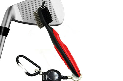 Dual Sided Golf Club Groove Cleaner Brush Tool with Retractable Carabiner -Red