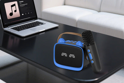 Karaoke Machine Toys Gifts Portable MP3 Player with 2 Wireless Microphone -Blue