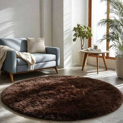 Round Plush Area Rug Soft Fluffy Non Slip Carpet-Coffee