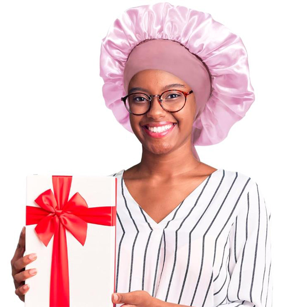 Satin Night Sleep Cap for Women Hair Bonnet with Elastic Band Pink