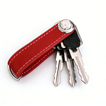 Leather Smart Key Holder Folding Key Organizer Clip Compact Keychain -Red