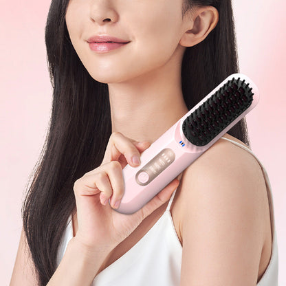 Cordless Hair Straightener Brush Mini Anion Hot Straightener Comb with LED Display Pink
