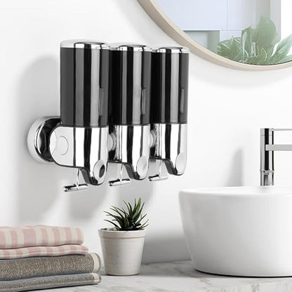 3-Chamber Shower Soap Dispenser Wall-Mounted Shampoo and Conditioner Dispenser with Visible Window Black