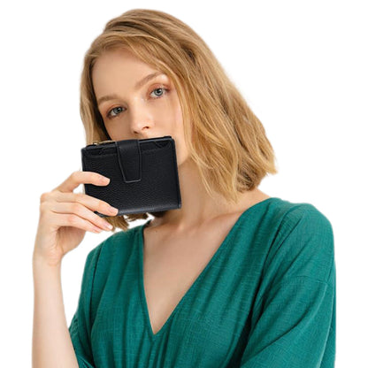 Genuine Leather Women's Wallet Short RFID Blocking Purse with Zipper Black