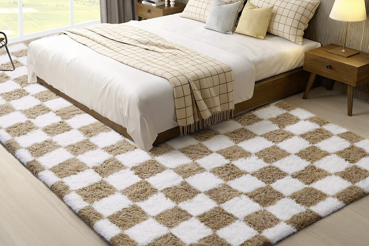Checkered Plush Shaggy Rug Non Slip Carpet - Khaki