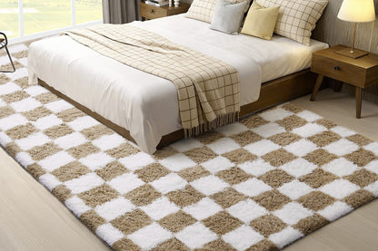 Checkered Plush Shaggy Rug Non Slip Carpet - Khaki