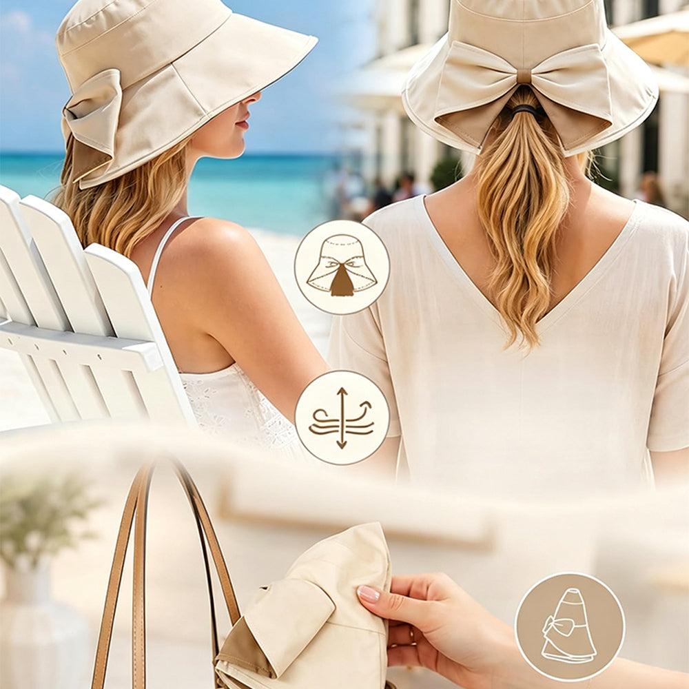 Wide Brim Bow Sun Hat Foldable Breathable Hat for Women - Beige