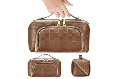 Large Capacity PU Leather Water-Resistant Checkered Cosmetic Bag Travel Makeup Bag-Brown