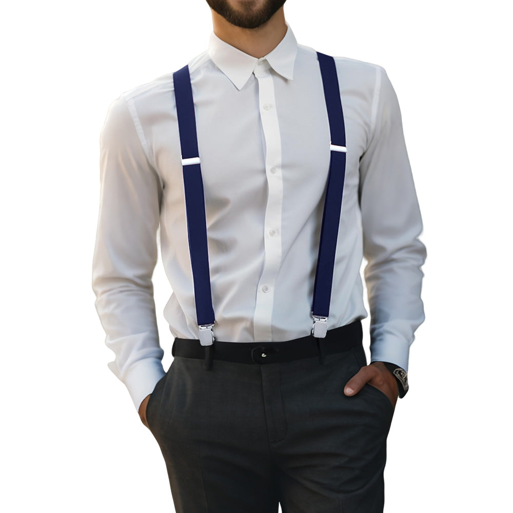 Mens X Back Elastic Suspenders with 4 Metal Clips - Navy
