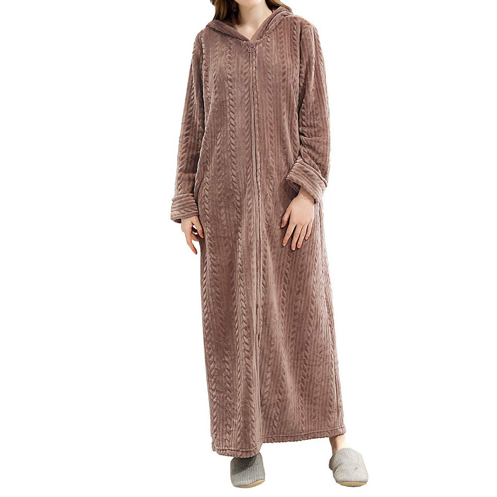 Unisex Bathrobe Fleece Robes Winter Warm Nightgown Sleepwear Pyjamas-Coffee