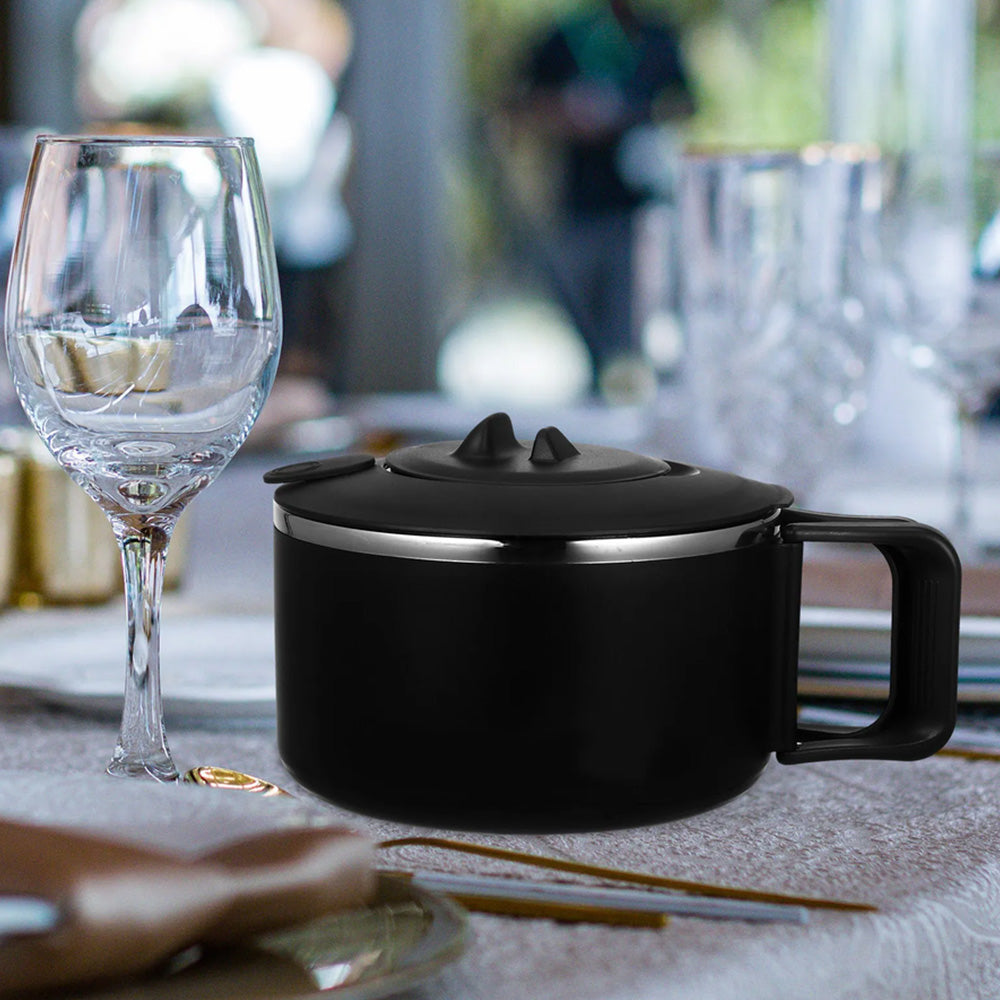 1200ML Large Ramen Bow with Lid Spoon Storage Bag-Black