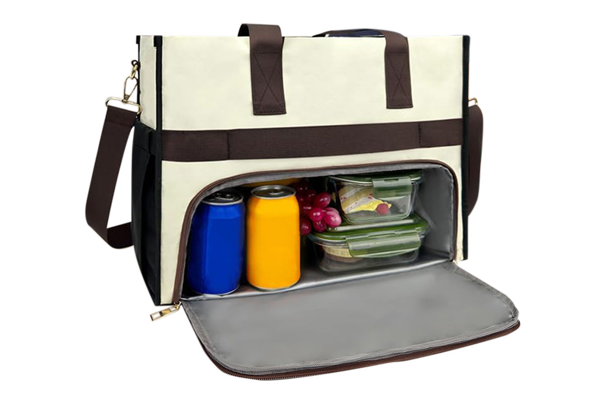 Lunch Tote Bag With Insulated Lunch Box Compartment For Travel And Leisure-Beige