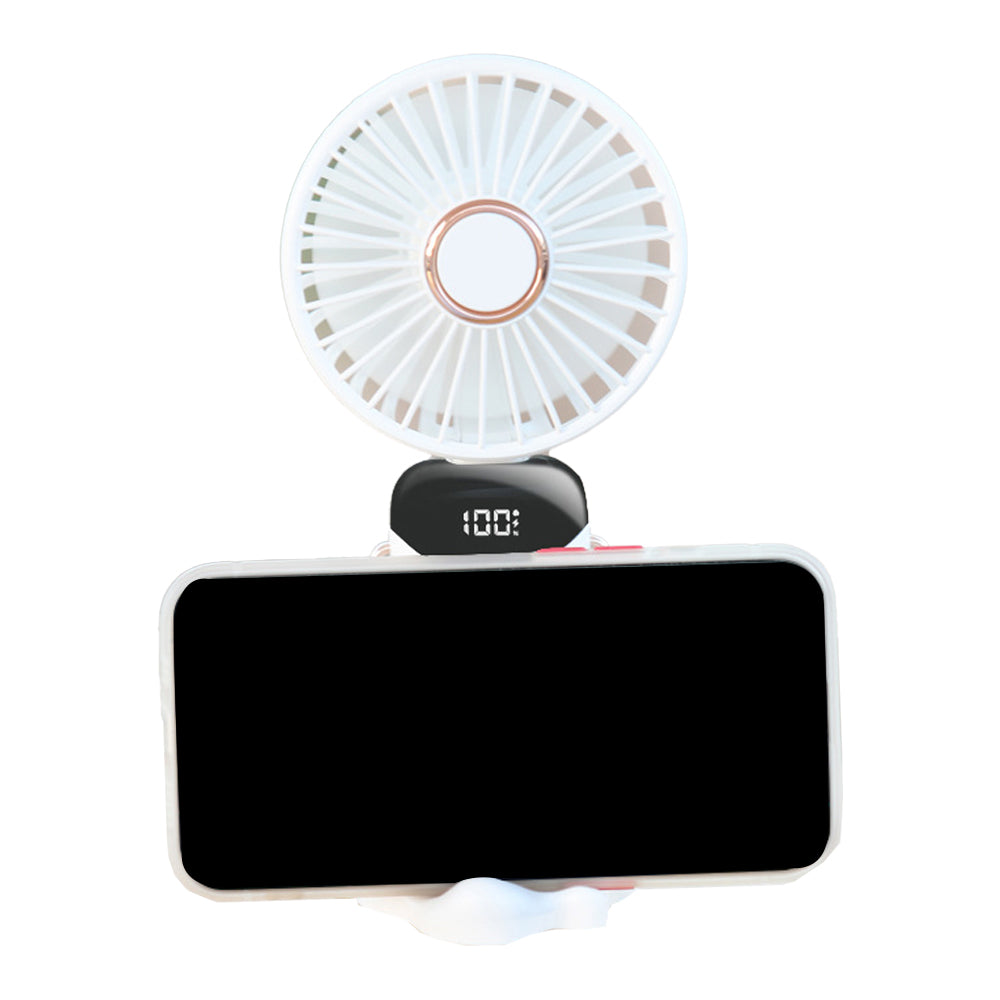 3-in-1 5 Speed USB Handheld Fan Mini Folding Digital Display Fan with Lanyard and Base White