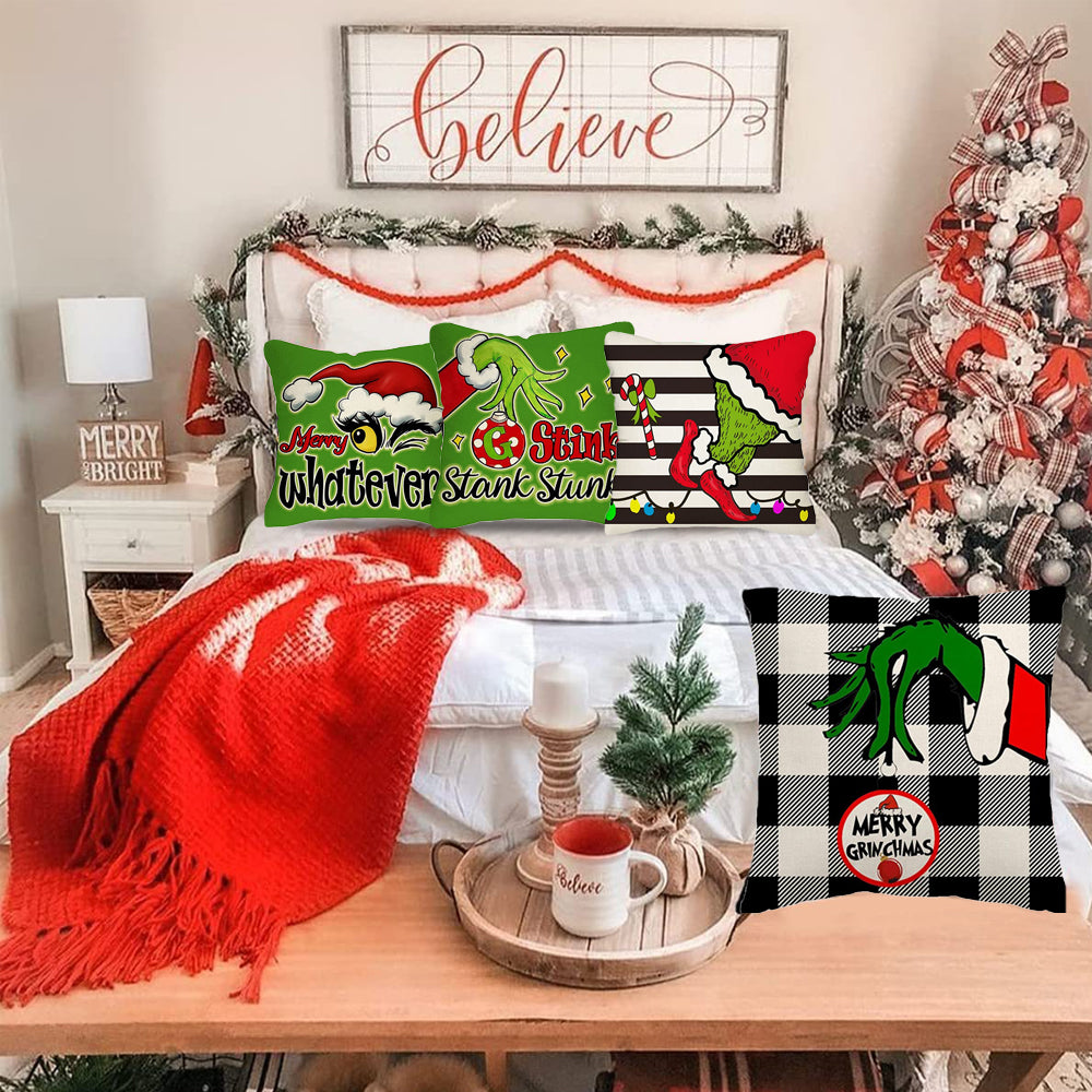 4Pcs Christmas Throw Pillow Case Cartoon Cushion Protector Cover Xmas Decor Style 1