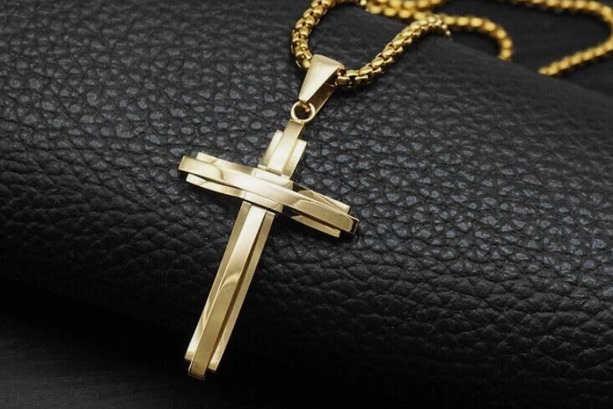 Crucifix Pendant Necklace Titanium Steel Unisex Chain -Gold