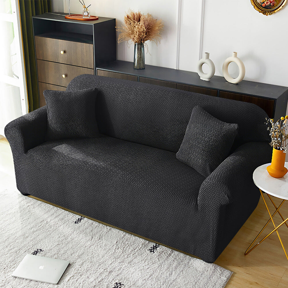 Elastic Full-Cover T-Shaped Jacquard Universal Sofa Slipcover for 1-4 Seater-Black