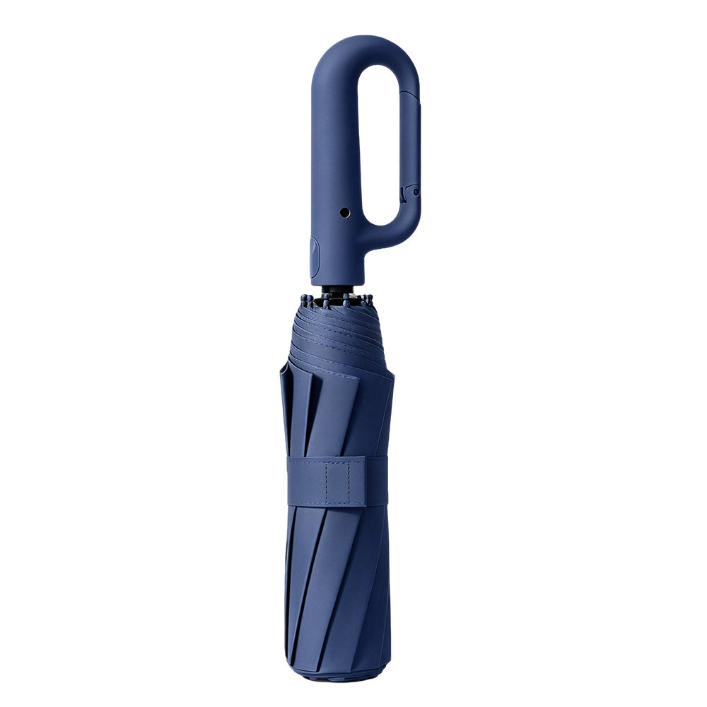 Automatic 10-Rib Folding Umbrella with Carabiner Handle UPF 40+ - Navy