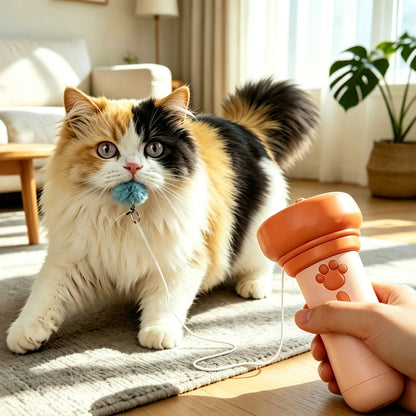 Cat Teaser Launcher with Retractable Cord and 2 Plush Balls - Pink