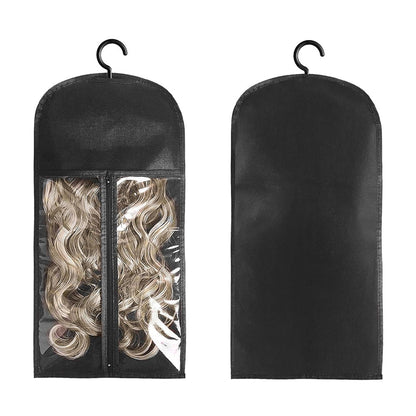 3Pcs Hair Extension Storage Bags with Hangers Dustproof Non-Woven Fake Hair Organizer Black