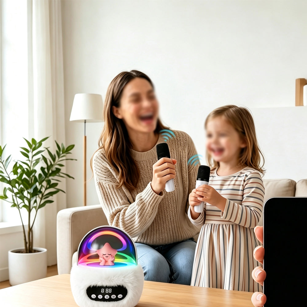 2 in 1 Portable Plush Speaker and Alarm Clock with Dual Mics - White