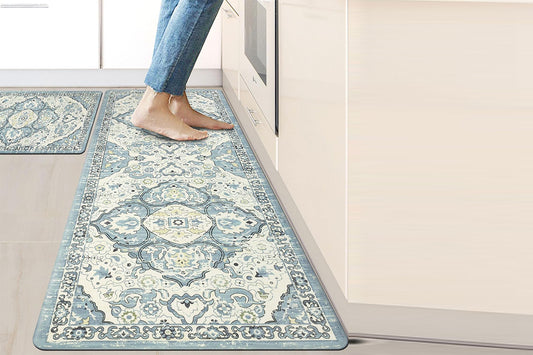 2Pcs Boho Anti-Fatigue Kitchen Mats Non-Slip Cushioned for Kitchen Sink Laundry-Cyan