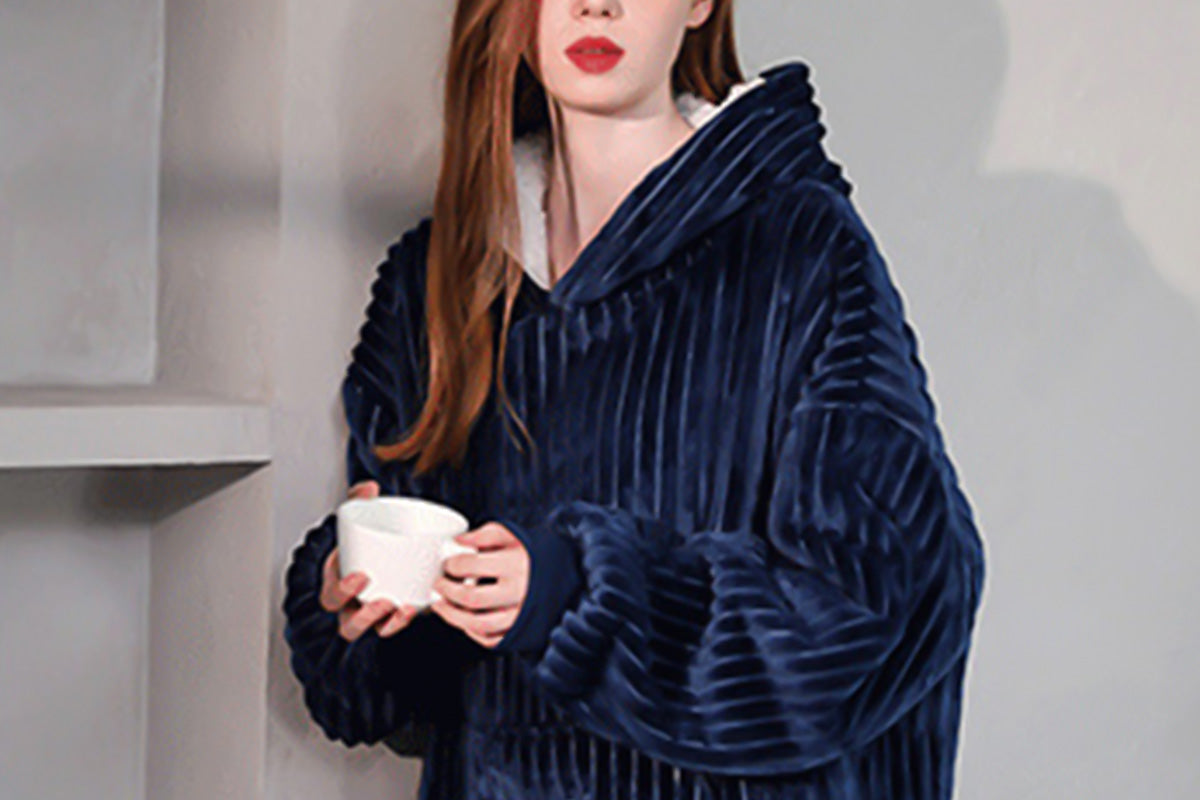 Wearable Blanket Sweatshirt for Women and Men Thick Flannel Hooded Sweatshirt Loungewear -Navy