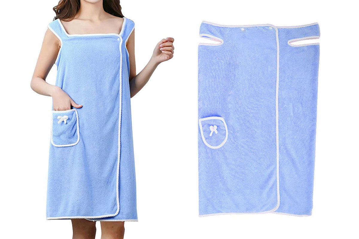 Coral Fleece Bath Towel Wearable Wrap Absorb Bathrobe With Pocket-Sky Blue