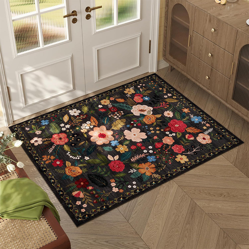 Floral Door Mat Non-slip Floor Mat for Entryway Kitchen Room Black