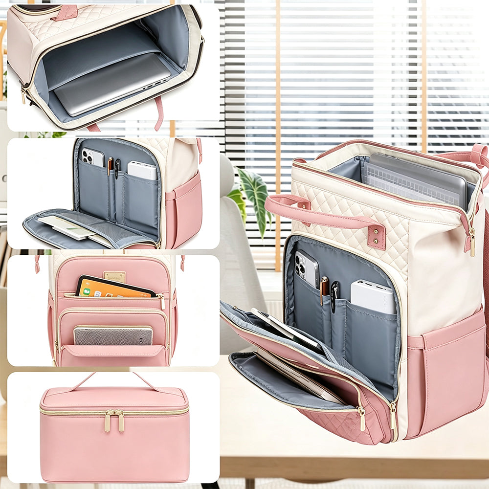 2-in-1 Laptop Backpack with Lunch Bag-Pink