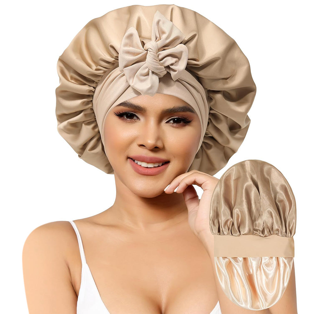 Satin Night Sleep Cap for Women Hair Bonnet with Elastic Band Khaki