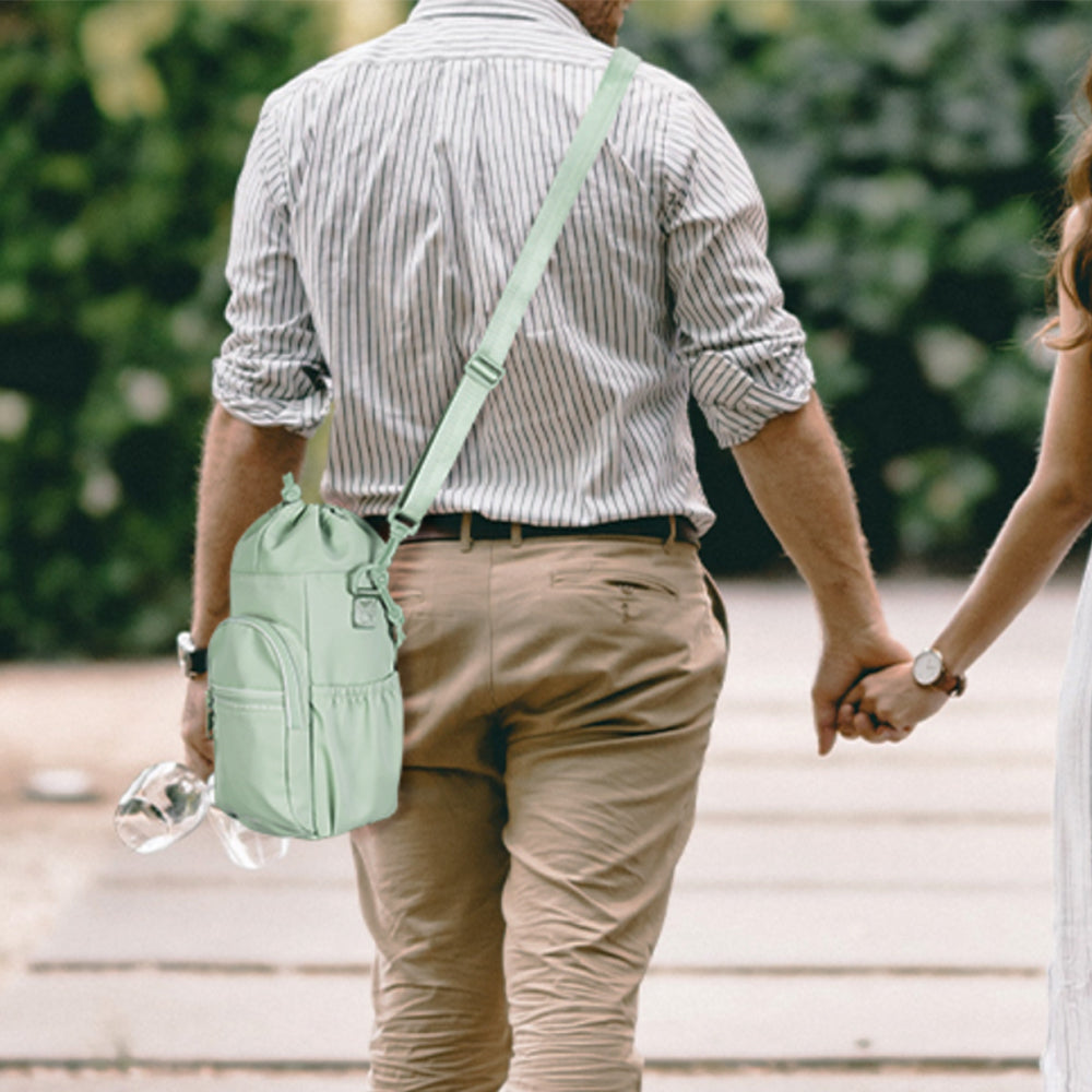 Multi-pocket Water Bottle Sleeve with Adjustable Strap Insulated Bottle Carrier Sling Bag for Walking Hiking Green