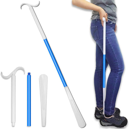 2-in-1 Shoe Horn & Dressing Aid Adjustable Shoe Horn for Easy Shoe Clothing Wear Blue and White