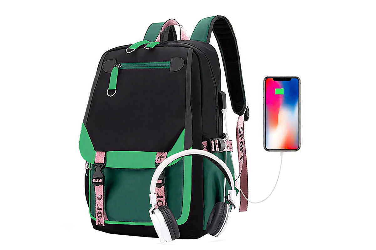 Girls Backpack Middle School Students Bookbag with USB Charge Port-Green