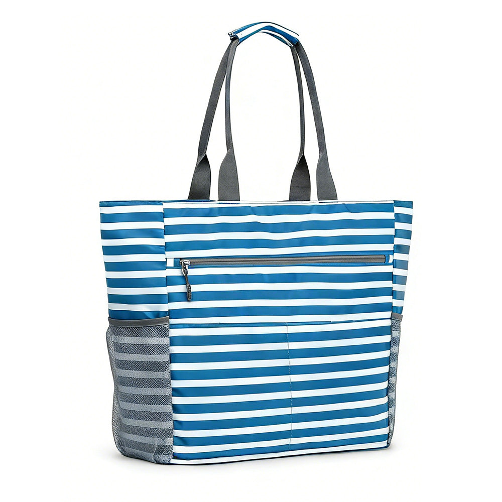 Beach Bag Large Foldable Sandproof Totes Bag With Zipper Beach Shoulder Bag-Blue