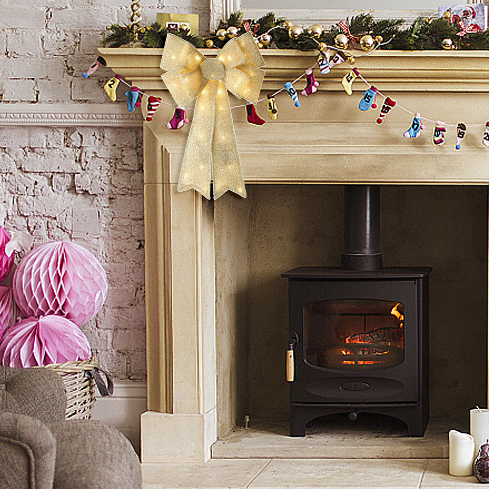 Christmas Bows Light Up Large Double Layer Ribbon Bow Xmas Door Decoration Home Decor-Gold