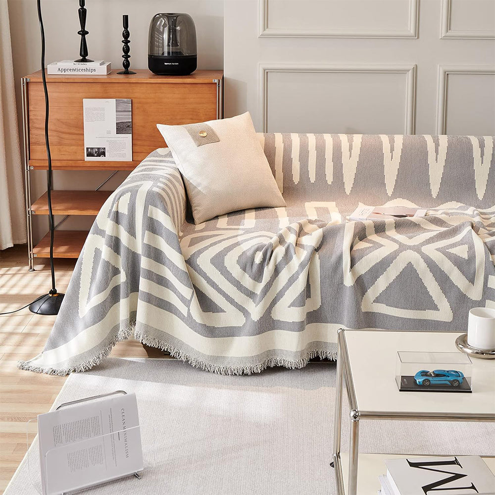 Boho Couch Cover Geometric Sofa Blanket Furniture Protector Grey