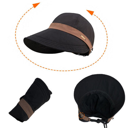 Womens Wide Brim Ponytail Sun Hat Breathable Beach Cap - Black
