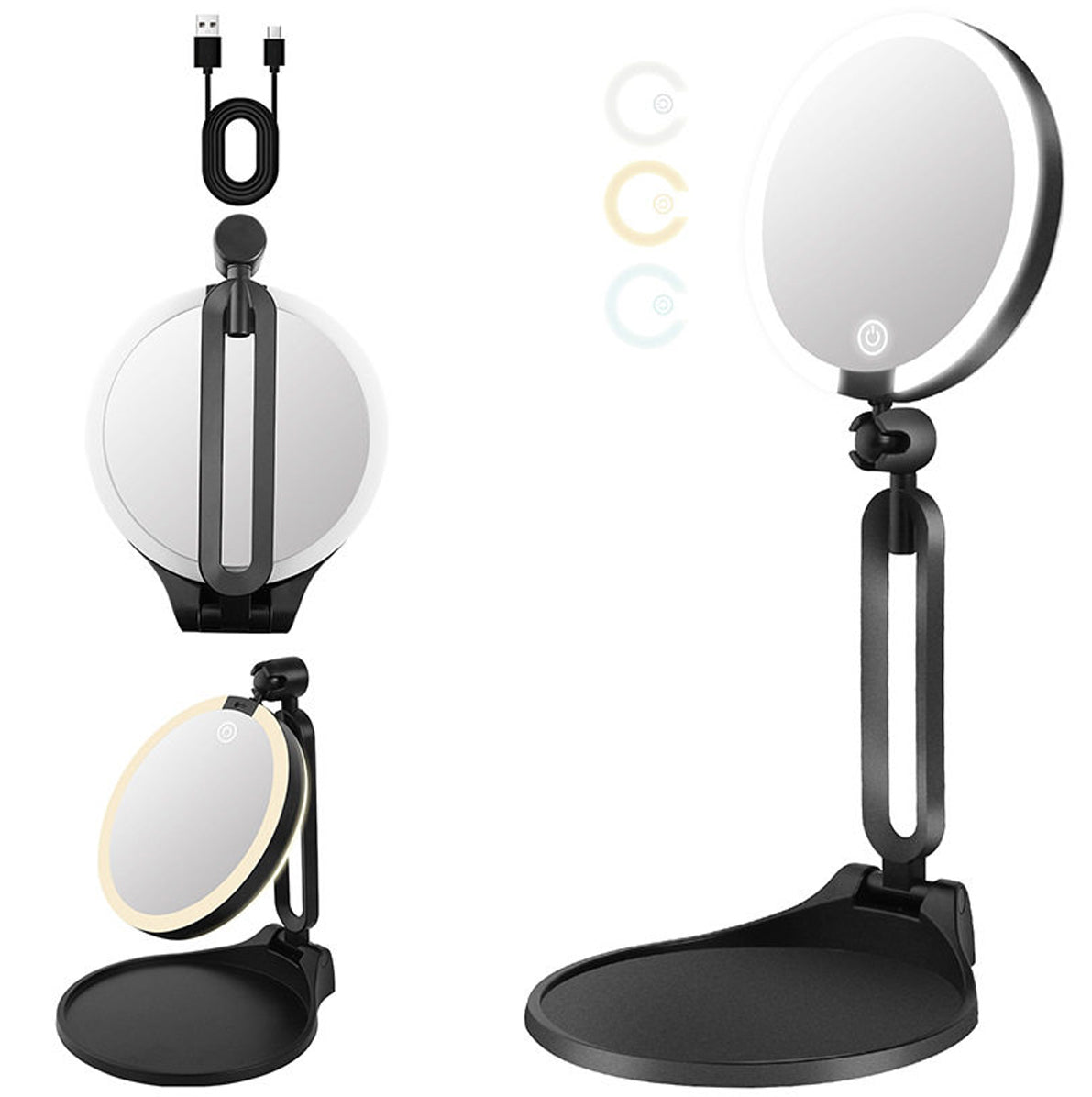 Portable Folding Double Sided LED Magnifying Makeup Mirror - Black