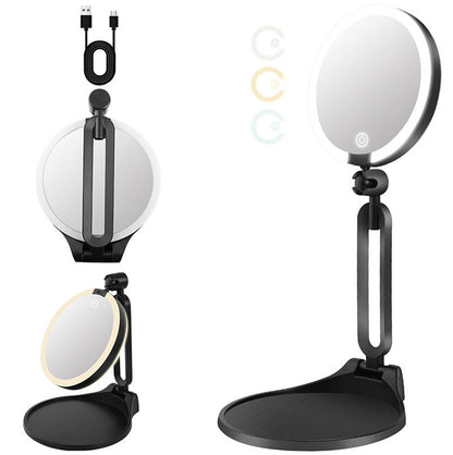Portable Folding Double Sided LED Magnifying Makeup Mirror - Black