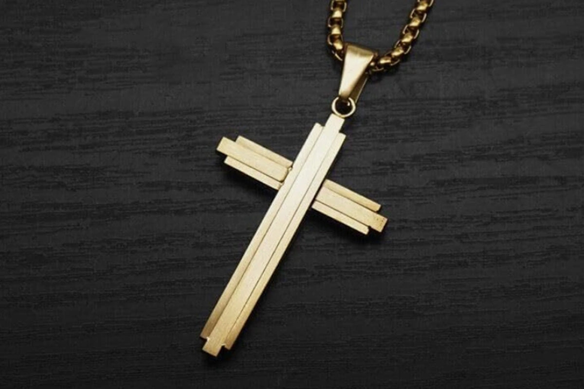 Crucifix Pendant Necklace Titanium Steel Unisex Chain -Gold