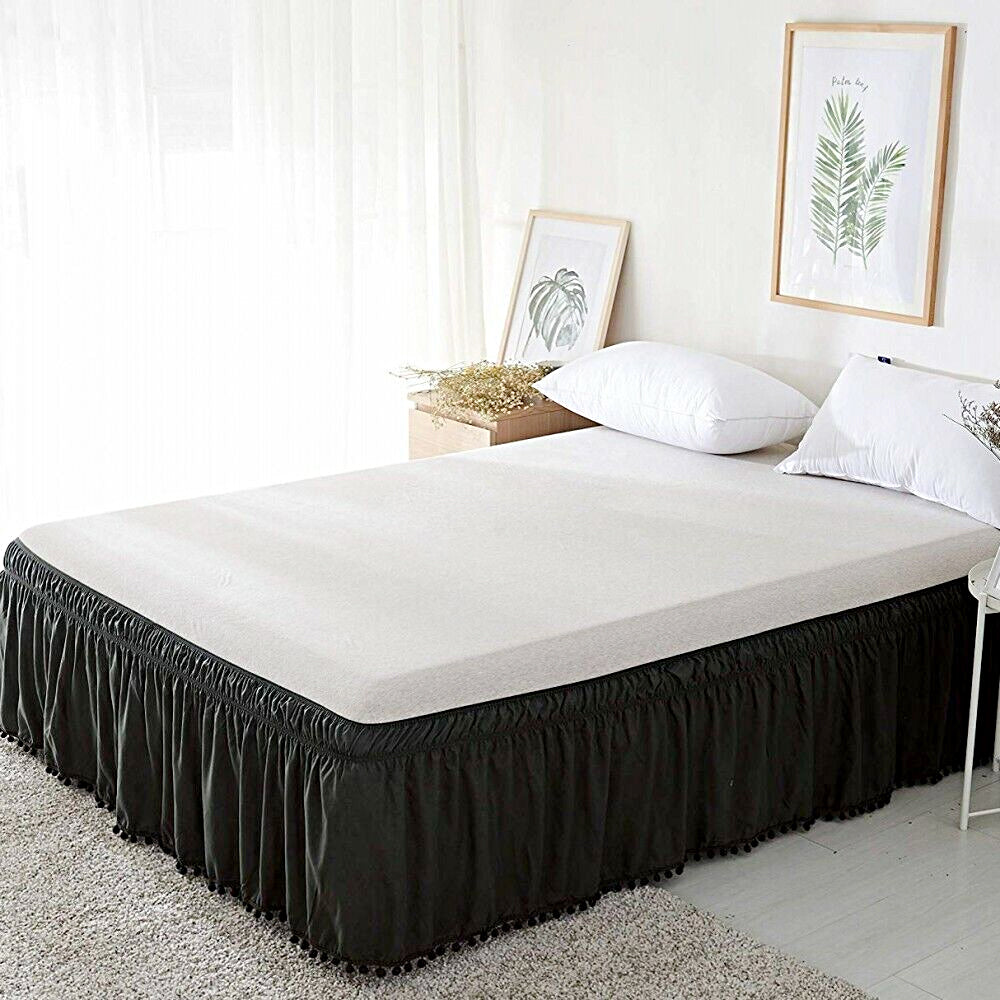 Pompom Fringe Bed Skirt Ruffle Valance Bed Wrap Valance Black