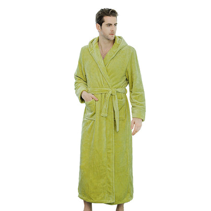Unisex Winter Long Bathrobe Solid Warm Hooded Bath Robe for Lovers Green