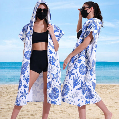 Adult Hooded Zip Up Swim Changing Robe Microfiber Beach Towel Poncho - Conch and Starfish