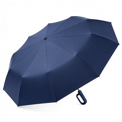 Automatic 10-Rib Folding Umbrella with Carabiner Handle UPF 40+ - Navy