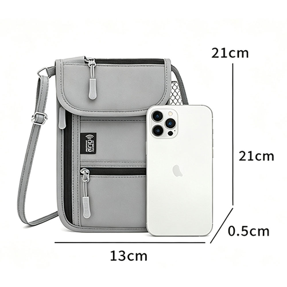 RFID Lined Travel Passport Holder Neck Wallet- Grey