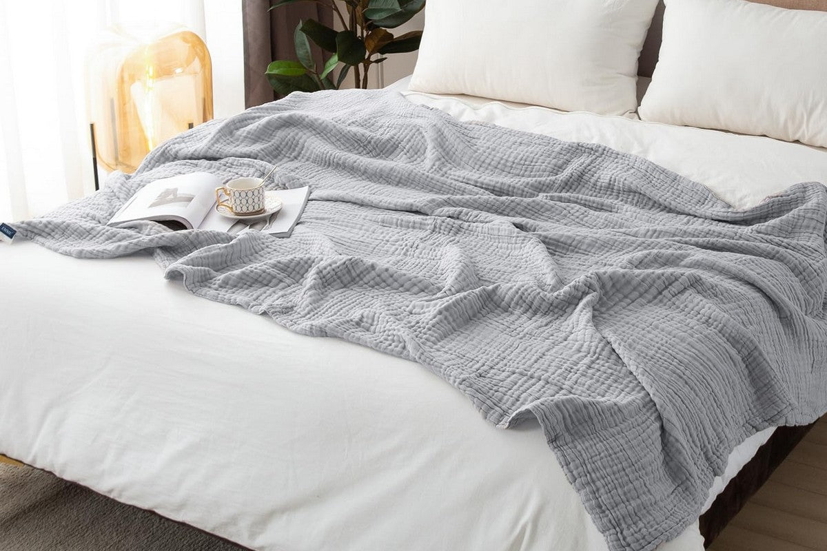 Cotton Muslin Blanket Breathable Soft Muslin Throw Blanket for Adults -Light Grey