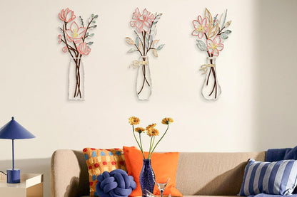 3Pcs Metal Flowers Wall Art Wall Decor Sculptures Hanging for Kitchen Living Room -Pink Flowers