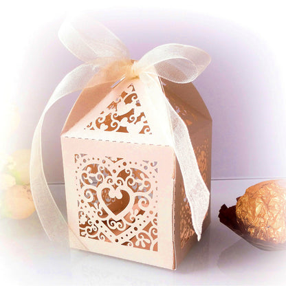 50 Pack Laser Cut Pearl Paper Candy Favor Boxes with Ribbons - Beige